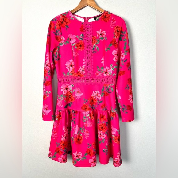 Alexia Admor Alexa Long Sleeve Lace Trim Mini Dress Hot Pink‎ Floral Size 8 - Picture 4 of 11